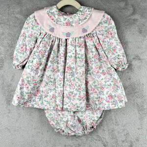 Jayne Copeland Floral Dress w/Bloomers Size 24 Mo Embroidered Collar Vintage 90s